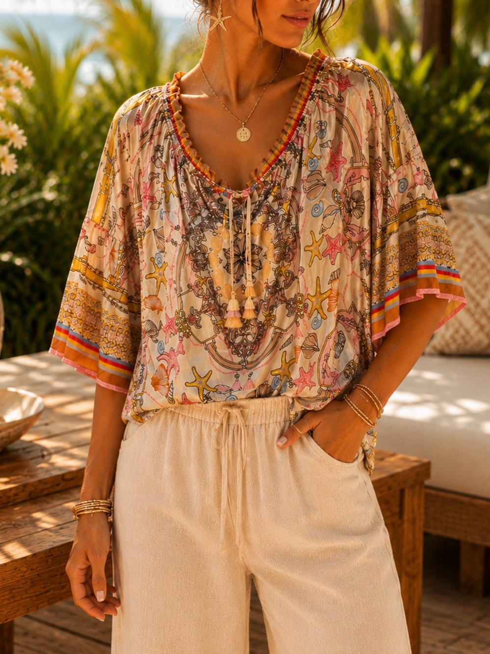 Hale Bob Silk Blend Shell Starfish Printed Blouse Size: M
